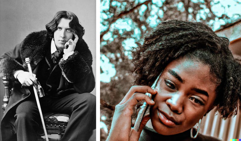 Composite of Oscar Wilde and AI-generated woman